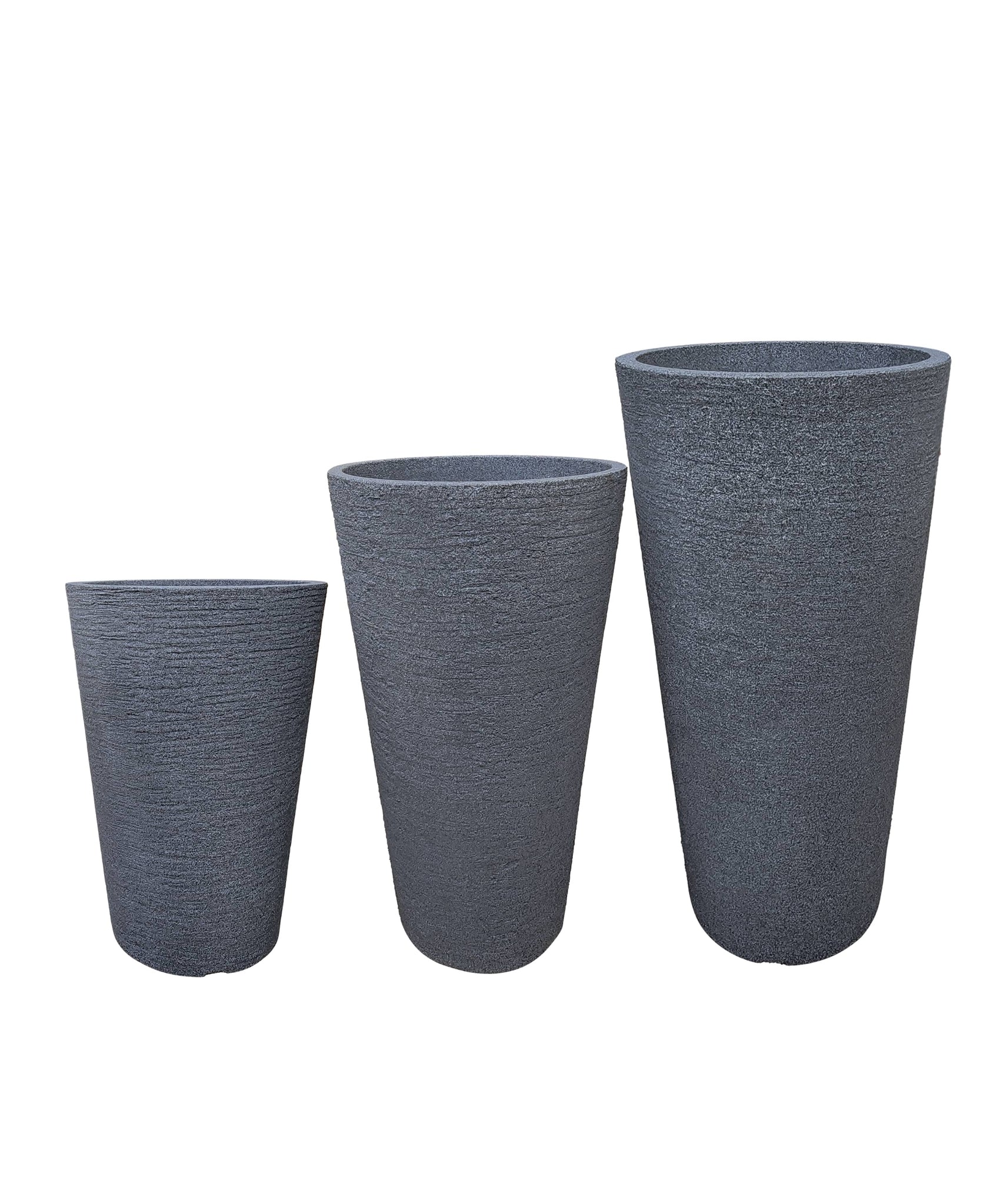 Small, medium and large European Conic Japi planters in a row. Charcoal colour, textured finish. Modern planters suitable for any style of decor.