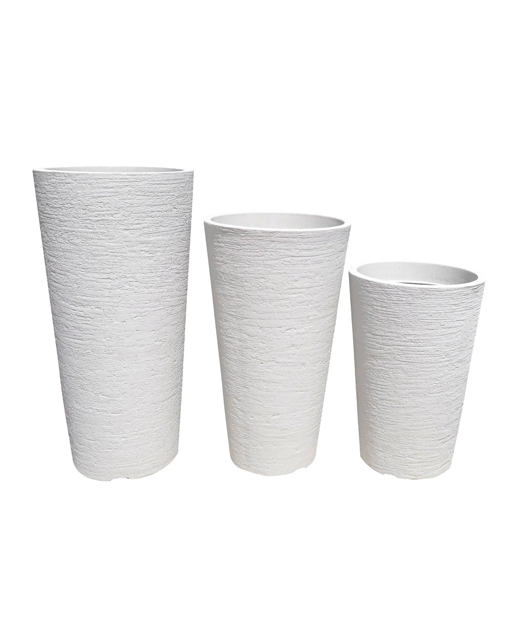Small, medium and large European Conic Japi planters in a row. Off white colour, textured finish. Modern planters suitable for any style of decor.