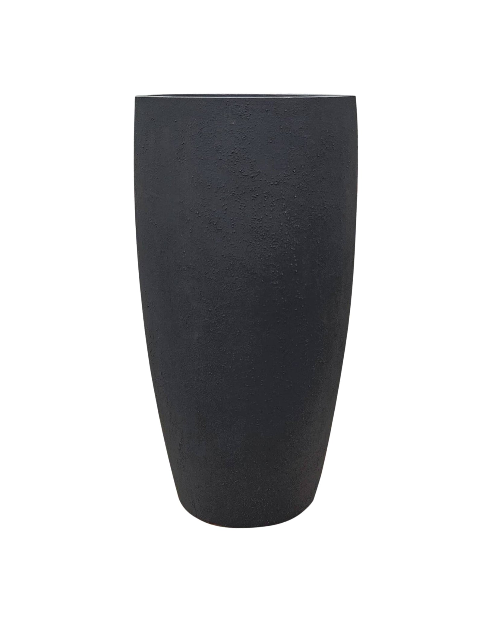 Conic Slim Japi Planter with a textured finish of little bumps randomly placed on an otherwise smooth surface. Colour lead. Tall and slim, tapering in at the bottom. Streamline. Florastyle by Hingham.