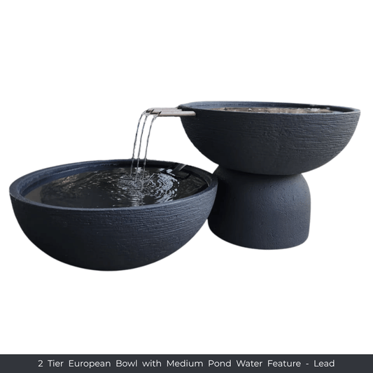 The Florastyle By Hingham Water Feature - 2 Tier European Bowl with Medium Pond features two dark gray (Lead), textured bowls at varied heights with water flowing between them, creating a modern, weatherproof indoor or outdoor fountain. Made from polyresin, durable and waterproof, yet lightweight.
Colour: Lead
Price: R3850