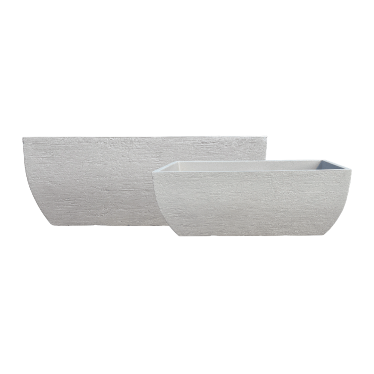 Two Japi Modern Square Window Boxes by Florastyle By Hingham in light gray polyresin, with a textured finish and minimalist design, are side by side on a white background—perfect as stylish, modern window boxes for any space.