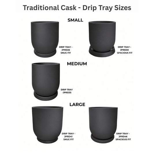 Five black, cylindrical Traditional Cask Japi Planters by Florastyle By Hingham, each with a drip tray, are shown in small, medium, and large sizes—perfect for indoor or outdoor use and clearly labeled with product codes.