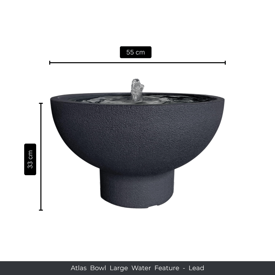 A dark gray (Lead), UV-resistant Atlas Bowl water feature by Florastyle By Hingham with a central bubbling fountain. Measures 55 cm wide and 33 cm tall. Text reads: Water Feature - Atlas Bowl (Large) - Lead. Made from polyresin, durable and waterproof, yet lightweight. Suitable for indoor and outdoor.
Colour: Lead
Price: R4885
