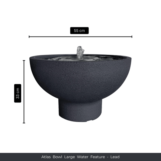 A dark gray (Lead), UV-resistant Atlas Bowl water feature by Florastyle By Hingham with a central bubbling fountain. Measures 55 cm wide and 33 cm tall. Text reads: Water Feature - Atlas Bowl (Large) - Lead. Made from polyresin, durable and waterproof, yet lightweight. Suitable for indoor and outdoor.
Colour: Lead
Price: R4885
