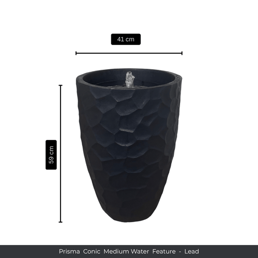 The Florastyle By Hingham Water Feature - Prisma Conic Medium is a tall, textured black (Lead) polyresin fountain with a small top fountain. Measures 59 cm high and 41 cm diameter. The colour is "Lead". Made from polyresin, durable and waterproof, yet lightweight. Suitable for indoor and outdoor.
Colour: Lead
Price: R3095