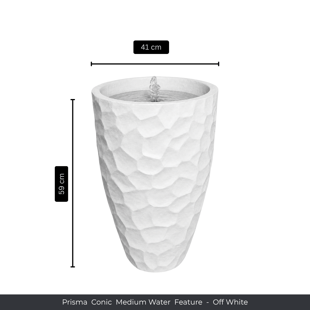 The Florastyle By Hingham Water Feature - Prisma Conic Medium is a tall, textured off-white polyresin piece with a small top fountain, measuring 59 cm high and 41 cm wide. Made from polyresin, waterproof, yet lightweight.
Colour: Off White
Price: R3095
