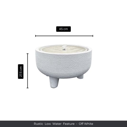 The Florastyle By Hingham Water Feature - Rustic Low is an off-white, round water feature with three short legs and central water flow. Its rough texture and low profile (45 cm wide x 27.5 cm tall) make it ideal for garden décor. Made from polyresin, durable and waterproof, yet lightweight. Suitable for indoor and outdoor spaces.
Colour: Off White
Price: R3145