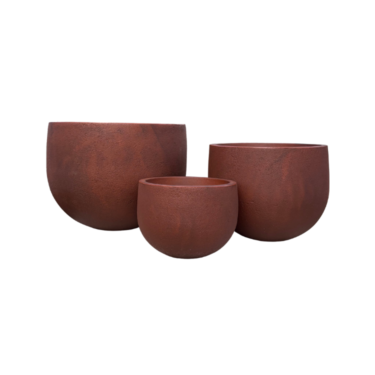 Three round, reddish-brown Rustic Round Japi Planters by Florastyle By Hingham in different sizes are arranged side by side against a white background, highlighting their lightweight polyresin design for indoor or outdoor use.