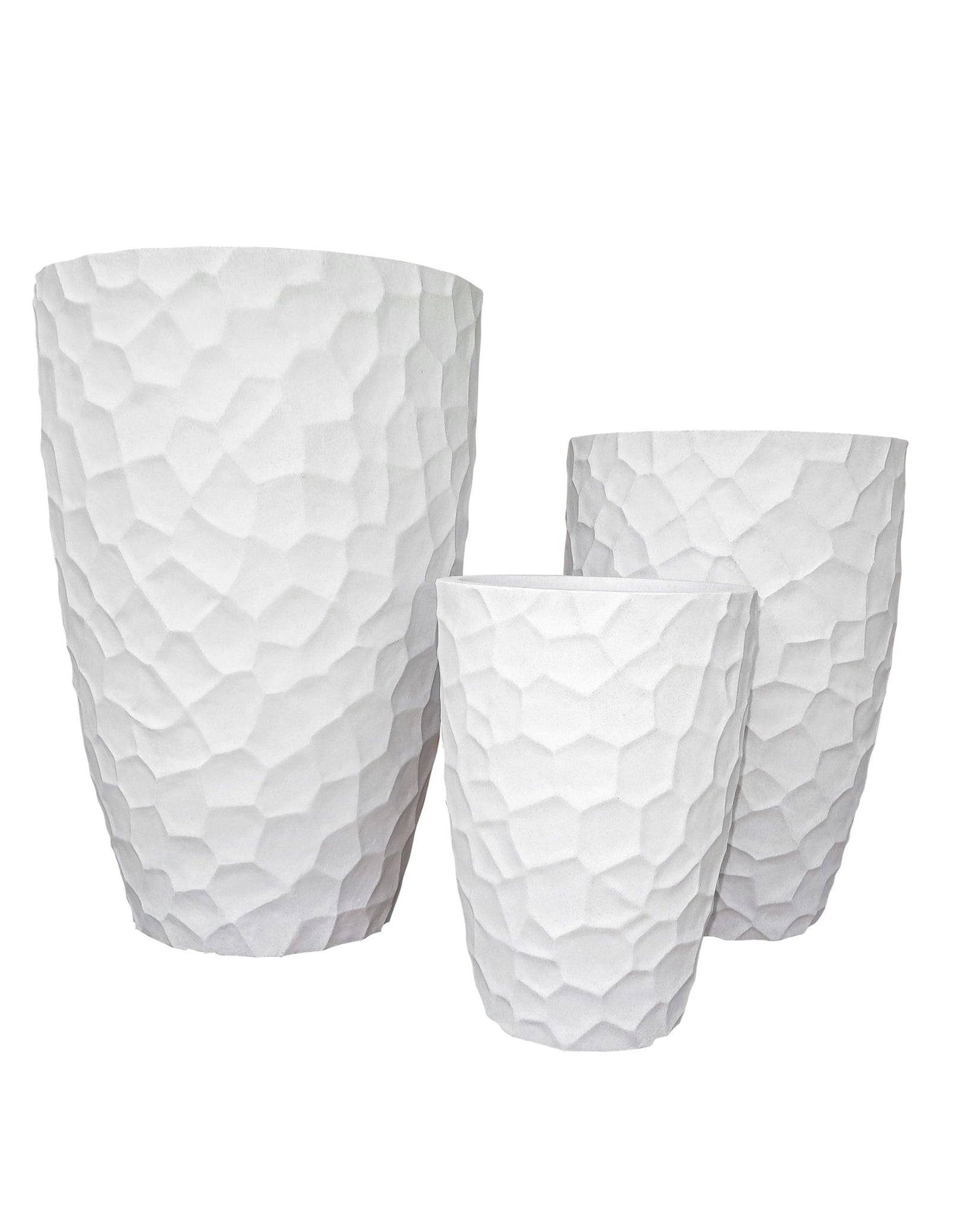 Set of 3 different sized round upright Planters, with a Trendy Unique Patterned finish. Statement Planters that are Lightweight. Colour off-white.