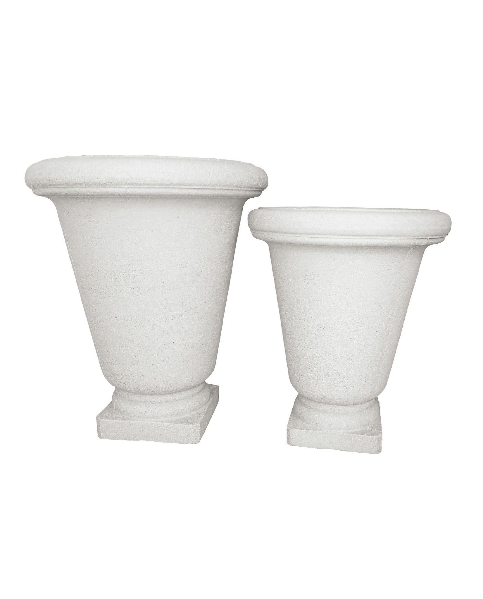 Classic style Japi Planters, Bell Urn in the colour  Off-white.  Large and Medium side by side. Profile view showing off the beautiful urn shape. Florastyle by Hingham.