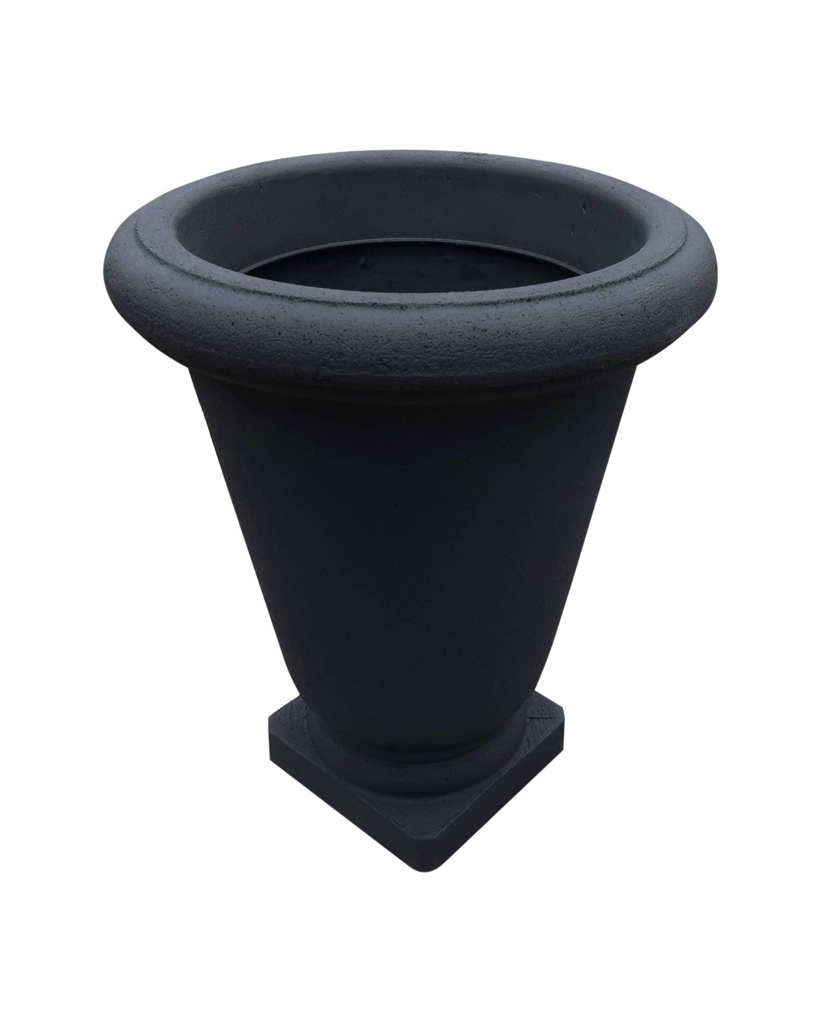 Bell Urn Japi Planter in colour Lead (black). Angled view showing inside lip. Florastyle by Hingham