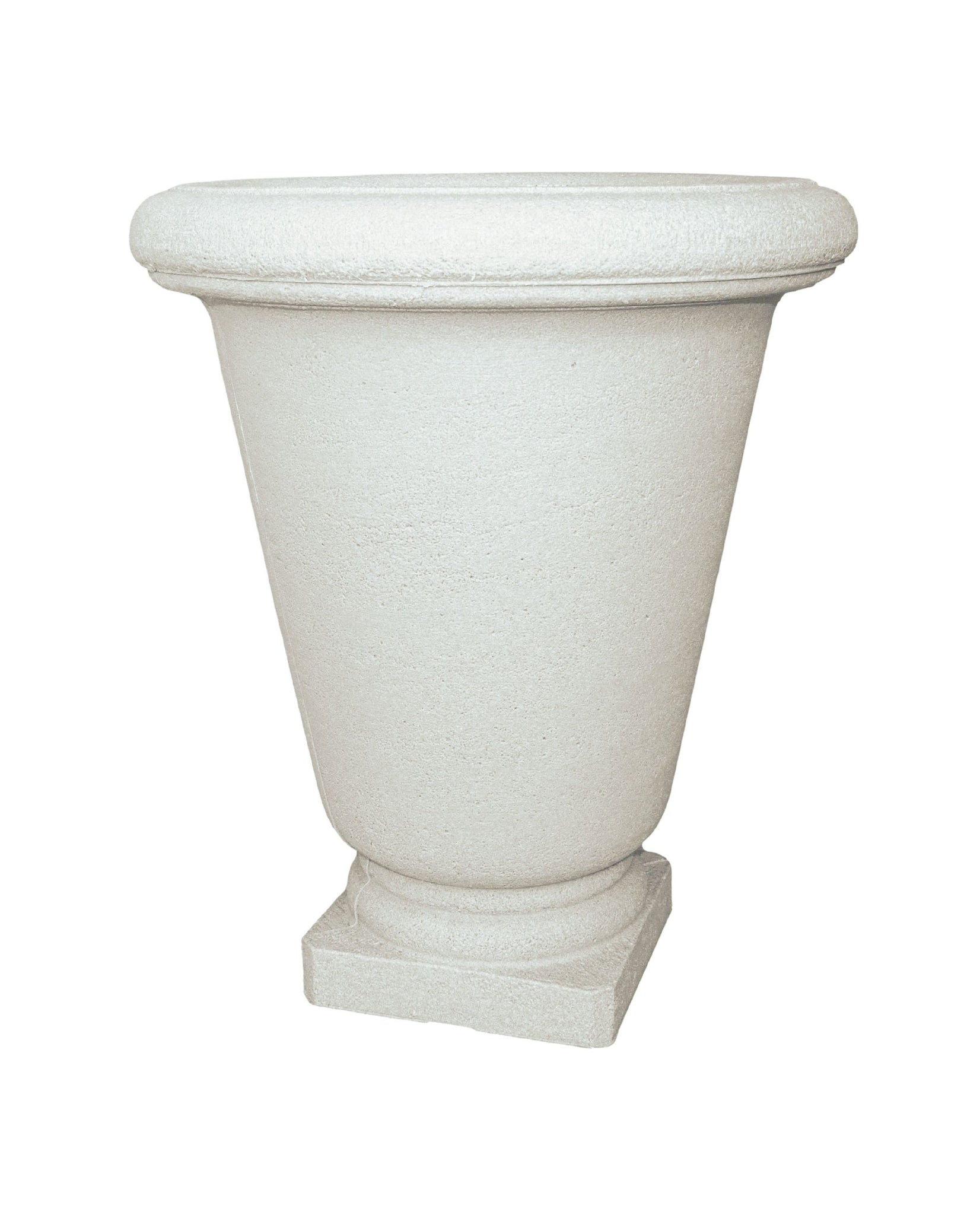 Classic Bell Urn, front view showing great texture in the plant pot similar to that of concrete. Beautiful upside-down bell shape and rounded rim. Natural sandstone colour. Florastyle by Hingham.