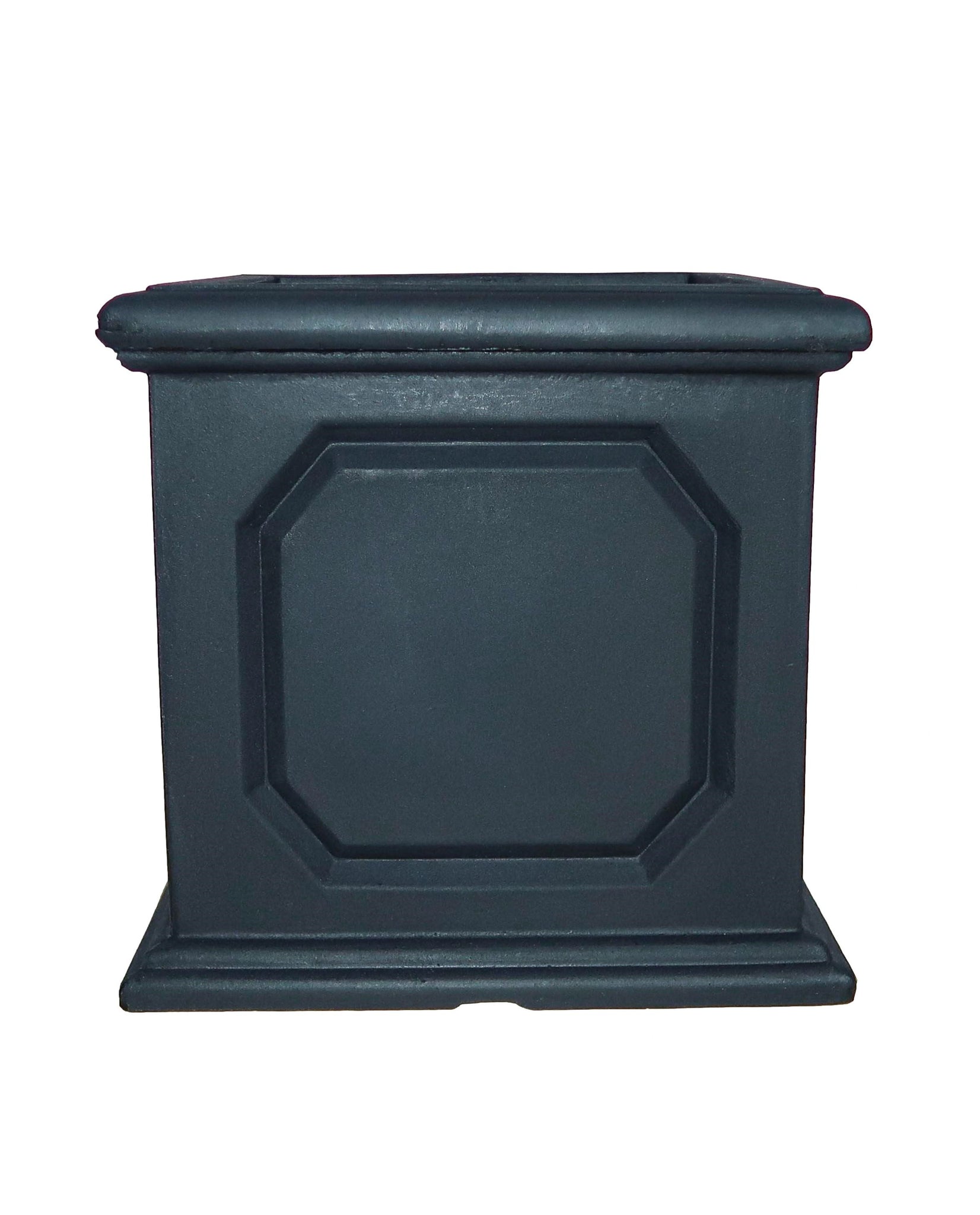On trend, modern classic versailles cube planter, embossed design, colour Lead (black) Florastyle by Hingham.