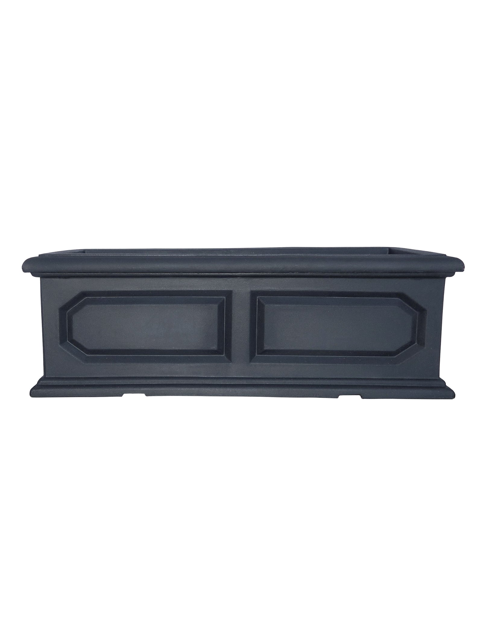 Front view of the Classic Versailles Japi window box in colour lead showing the embossed design and classic style. Colour lead (Black). Florastyle by Hingham.