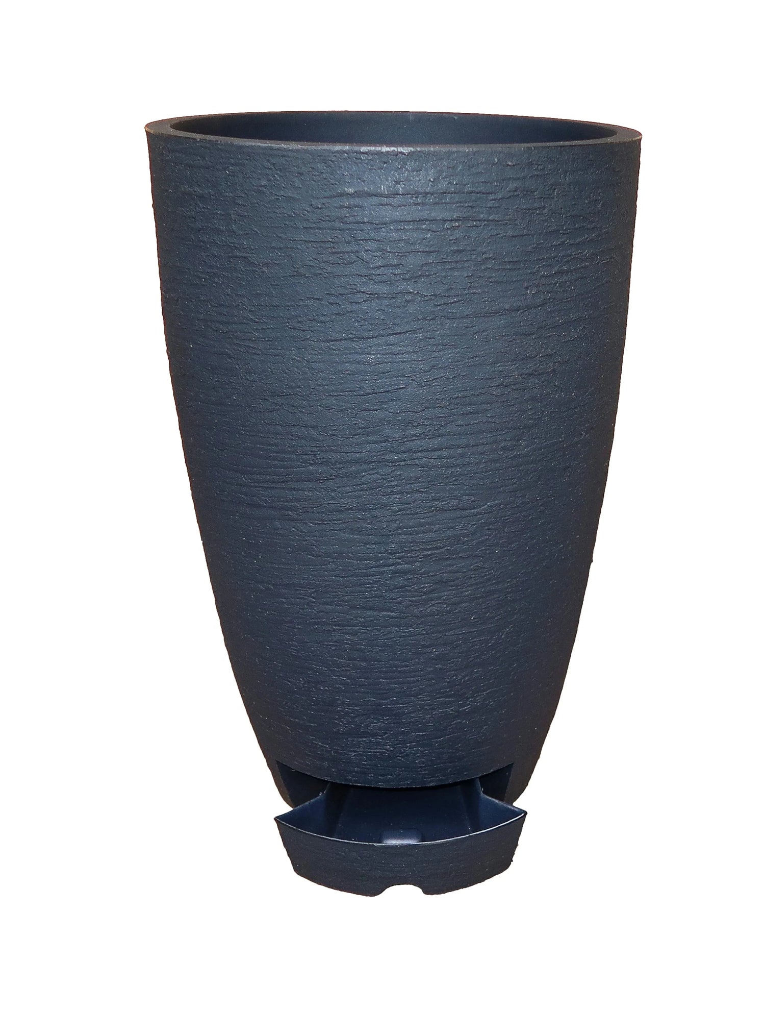 Dark gray, textured plastic plant pot with a built-in water reservoir tray at the bottom, shown against a white background.