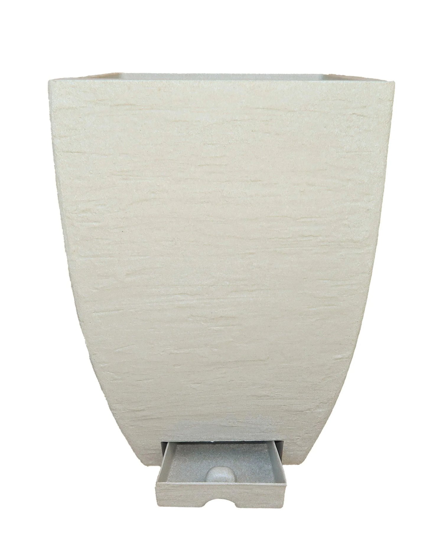 Beige, rectangular plant pot with a textured surface and a small pull-out water tray at the bottom center, shown against a white background.