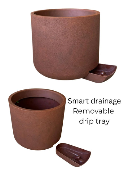 Brown planter with a removable drip tray on a white background