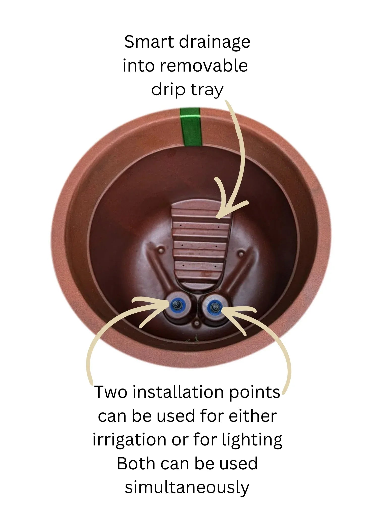 Smart drainage system with removable drip tray and installation points for irrigation or lighting on a white background.