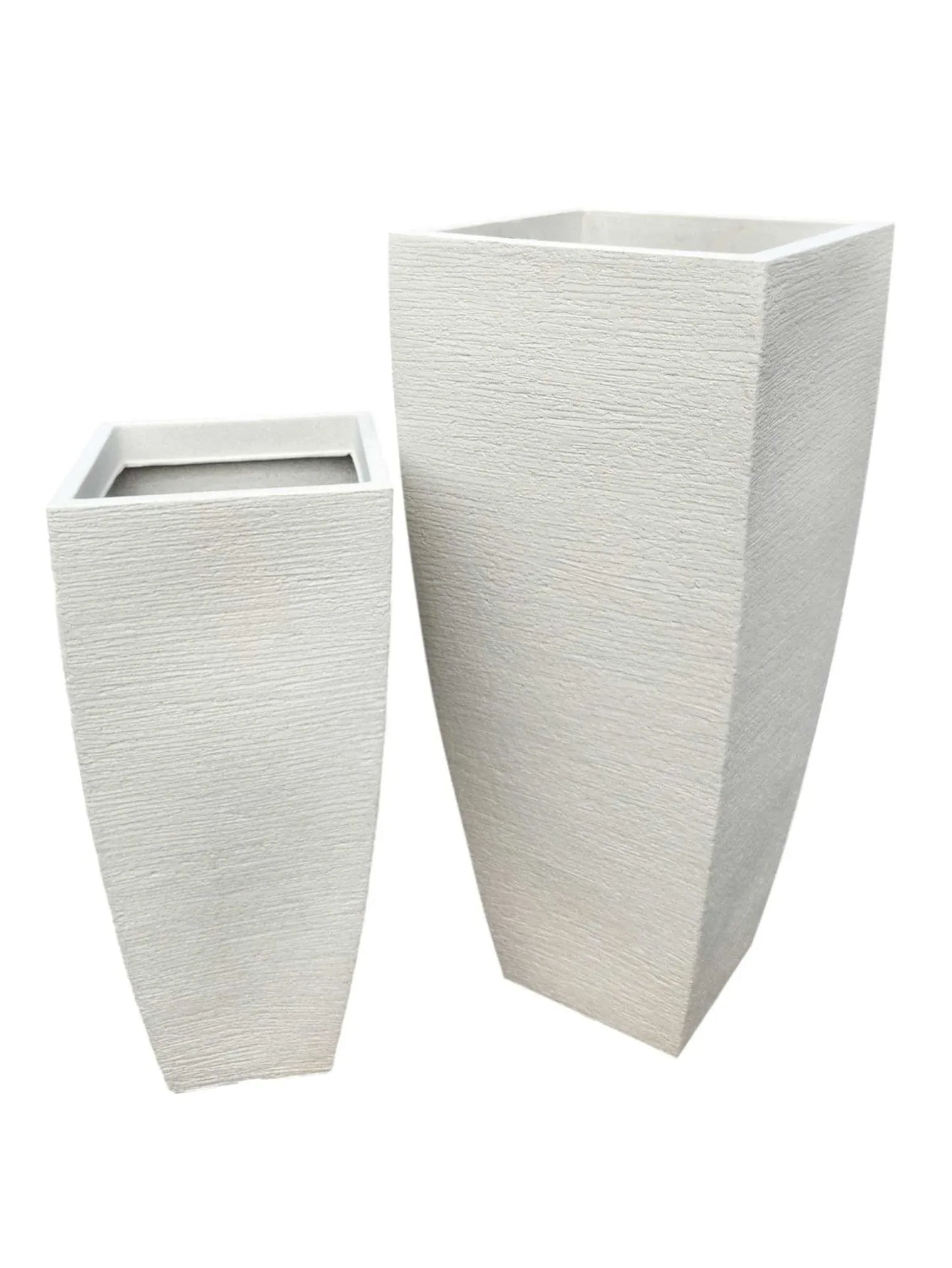 Tall Large Modern Square planter next to a small Tall Modern Square Off White.