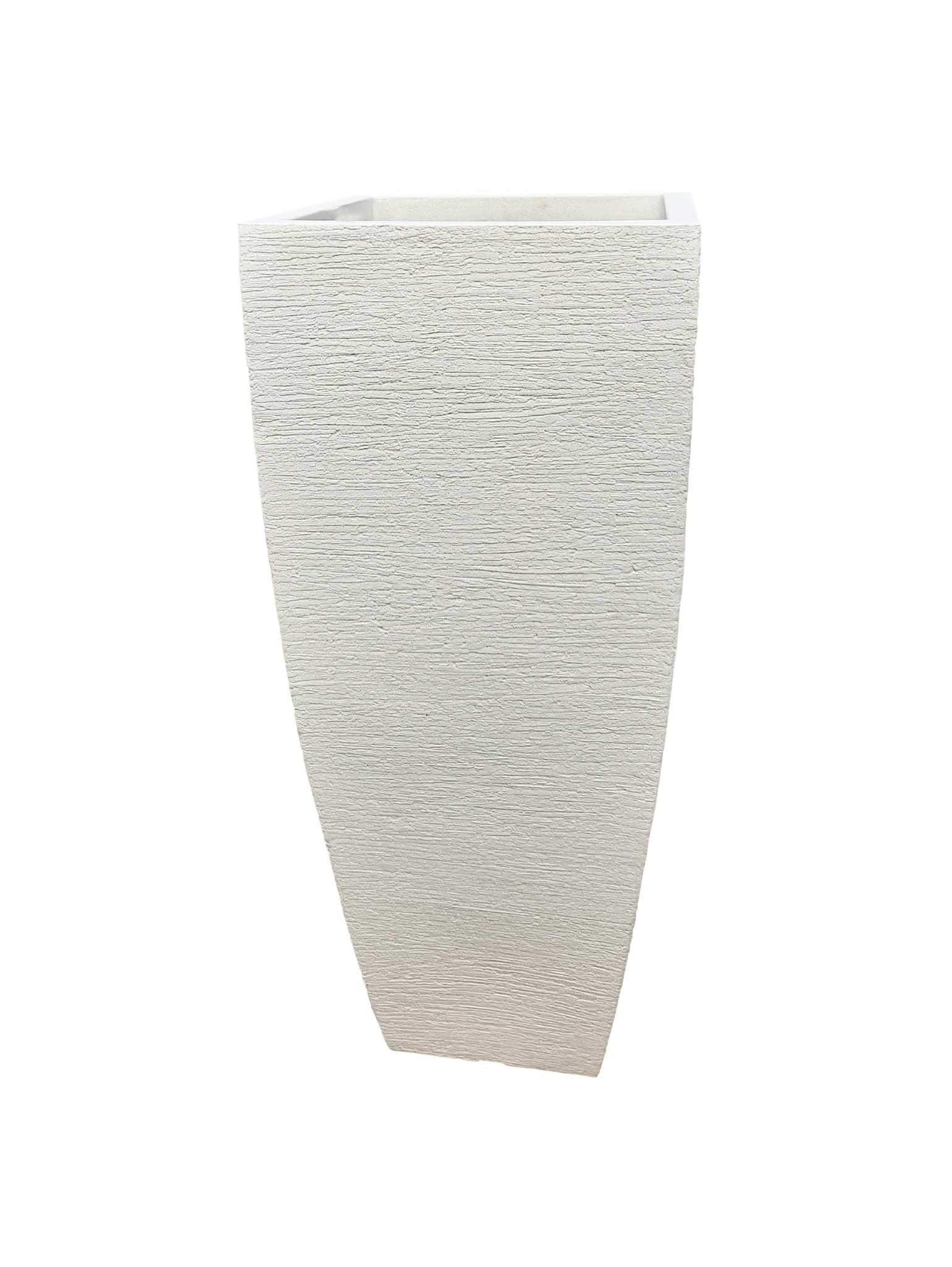 Tall white textured planter on a white background