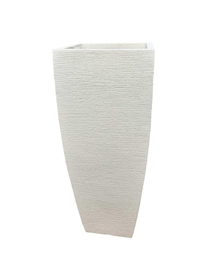 Tall white textured planter on a white background