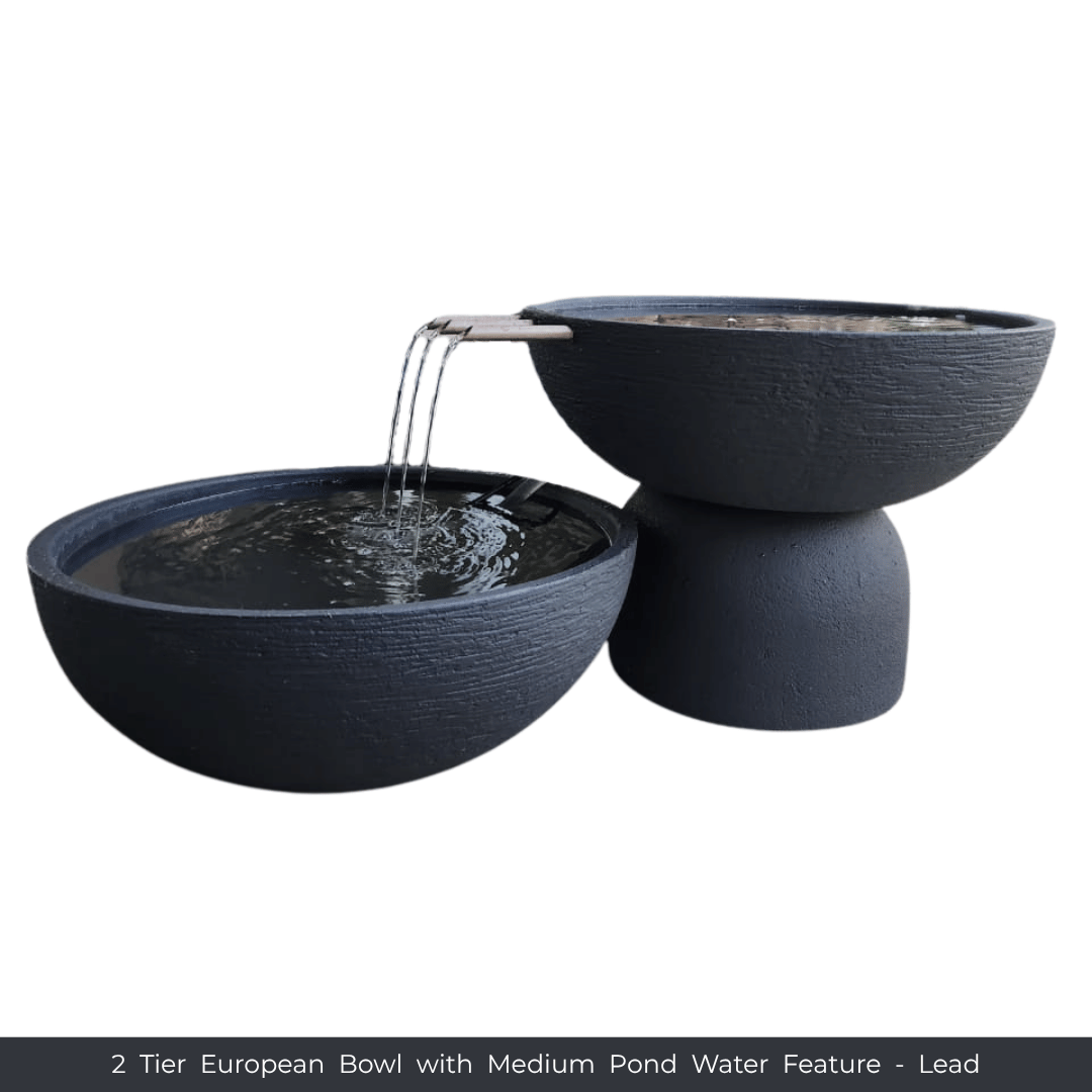 The Florastyle By Hingham Water Feature - 2 Tier European Bowl with Medium Pond features two dark gray (Lead), textured bowls at varied heights with water flowing between them, creating a modern, weatherproof indoor or outdoor fountain. Made from polyresin, durable and waterproof, yet lightweight.
Colour: Lead
Price: R3850