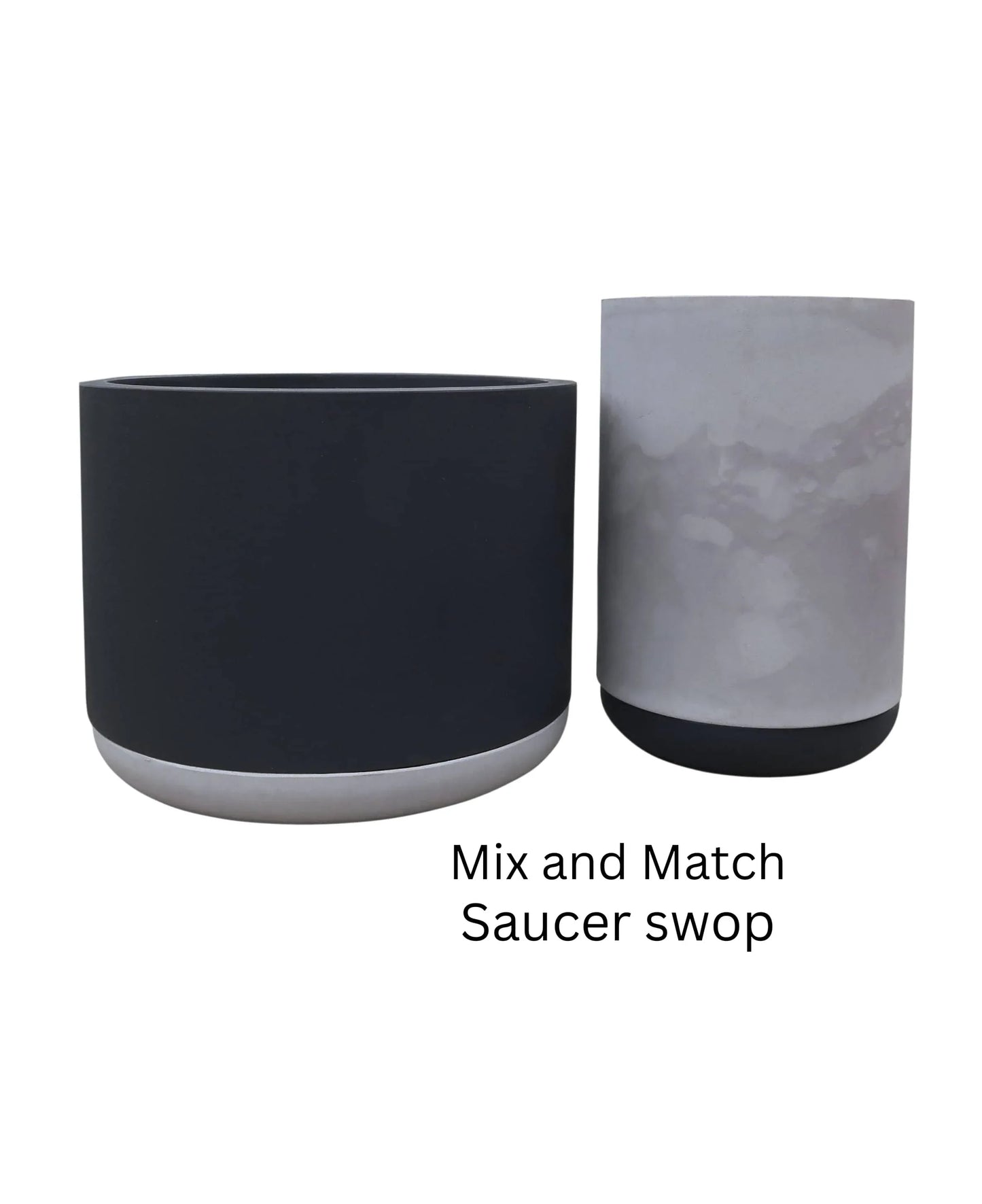 low match cylinder in lead with sandstone saucer, tall small match cylinder in burnt cement with lead saucer, on a white background
