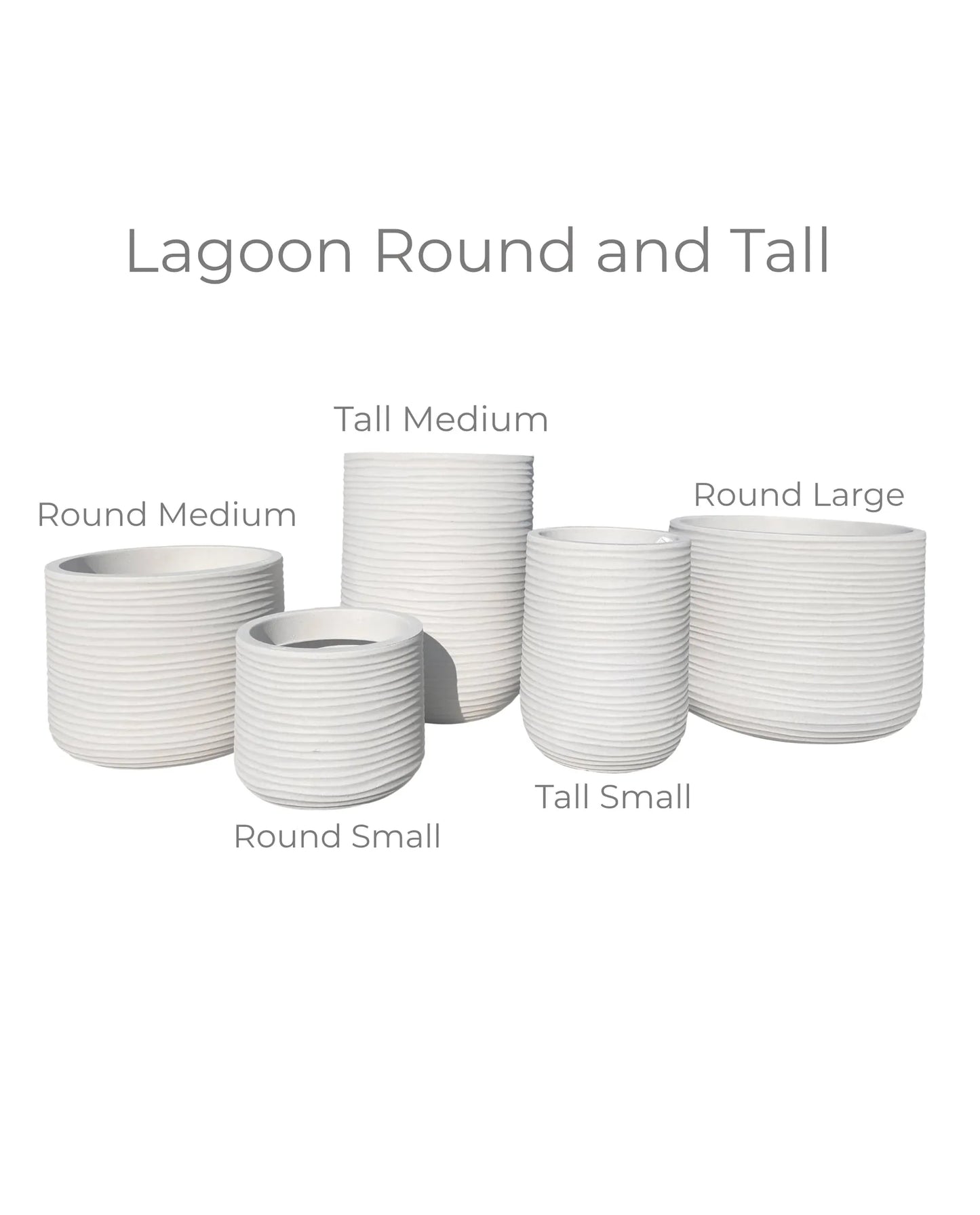 a display of five Lagoon round and Lagoon tall Japi planters in the colour off white