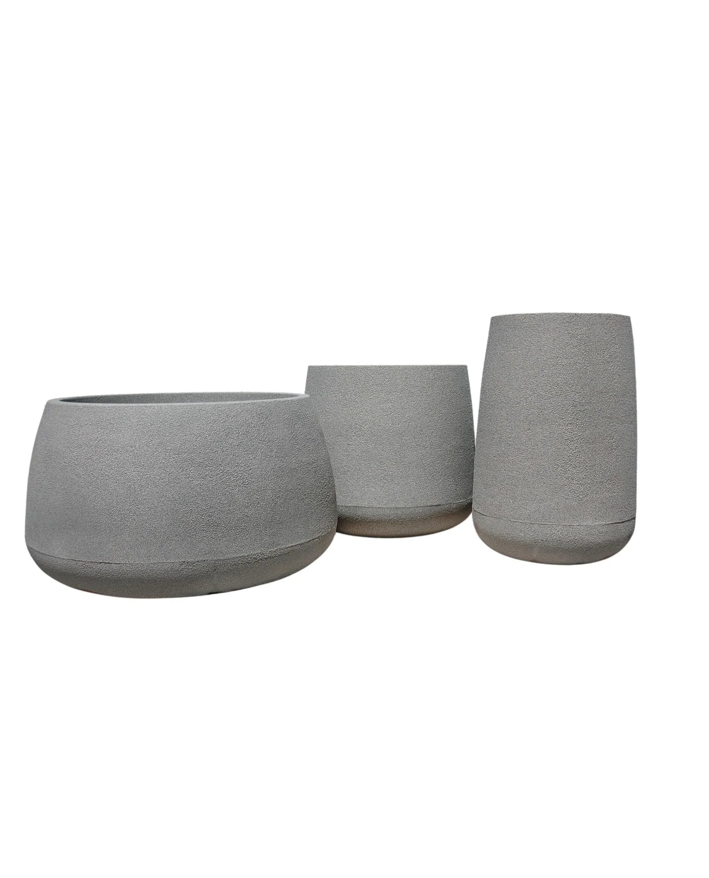 The Low ,Medium and tall Bios Plant pots together reflecting differences in height and width, colour Stone. Florastyle by Hingham.