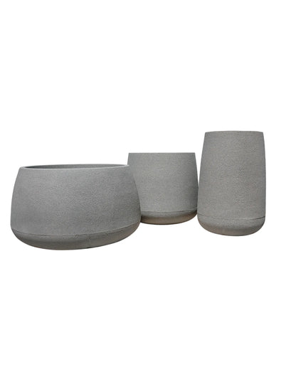 The Low ,Medium and tall Bios Plant pots together reflecting differences in height and width, colour Stone. Florastyle by Hingham.