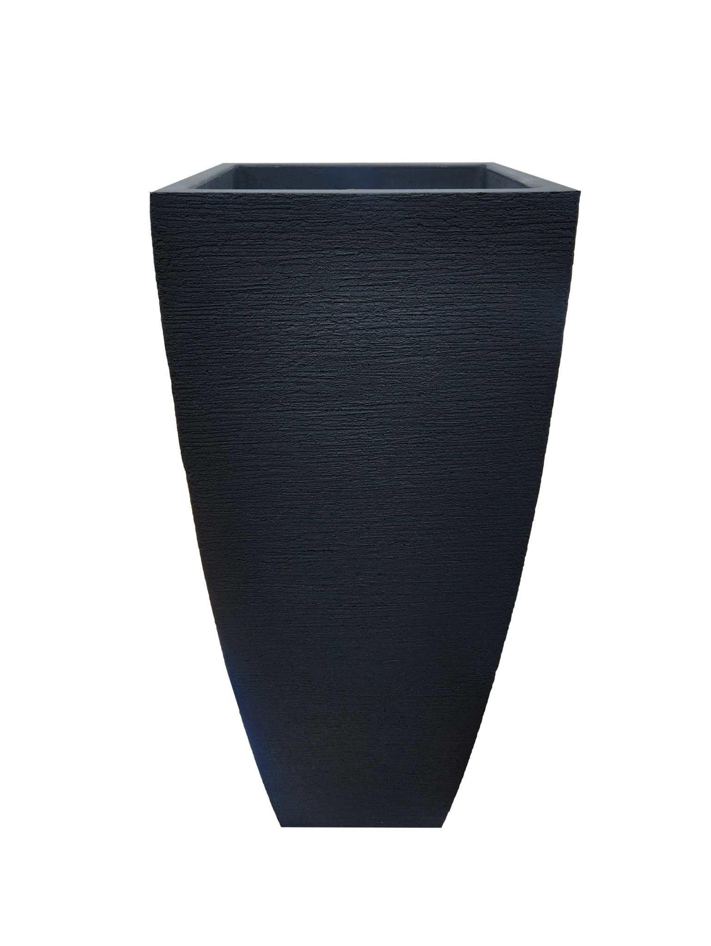 moder square tall japi plant pot with beautiful straight lines tapering in at the base of the pot. The pot has a textured finish.