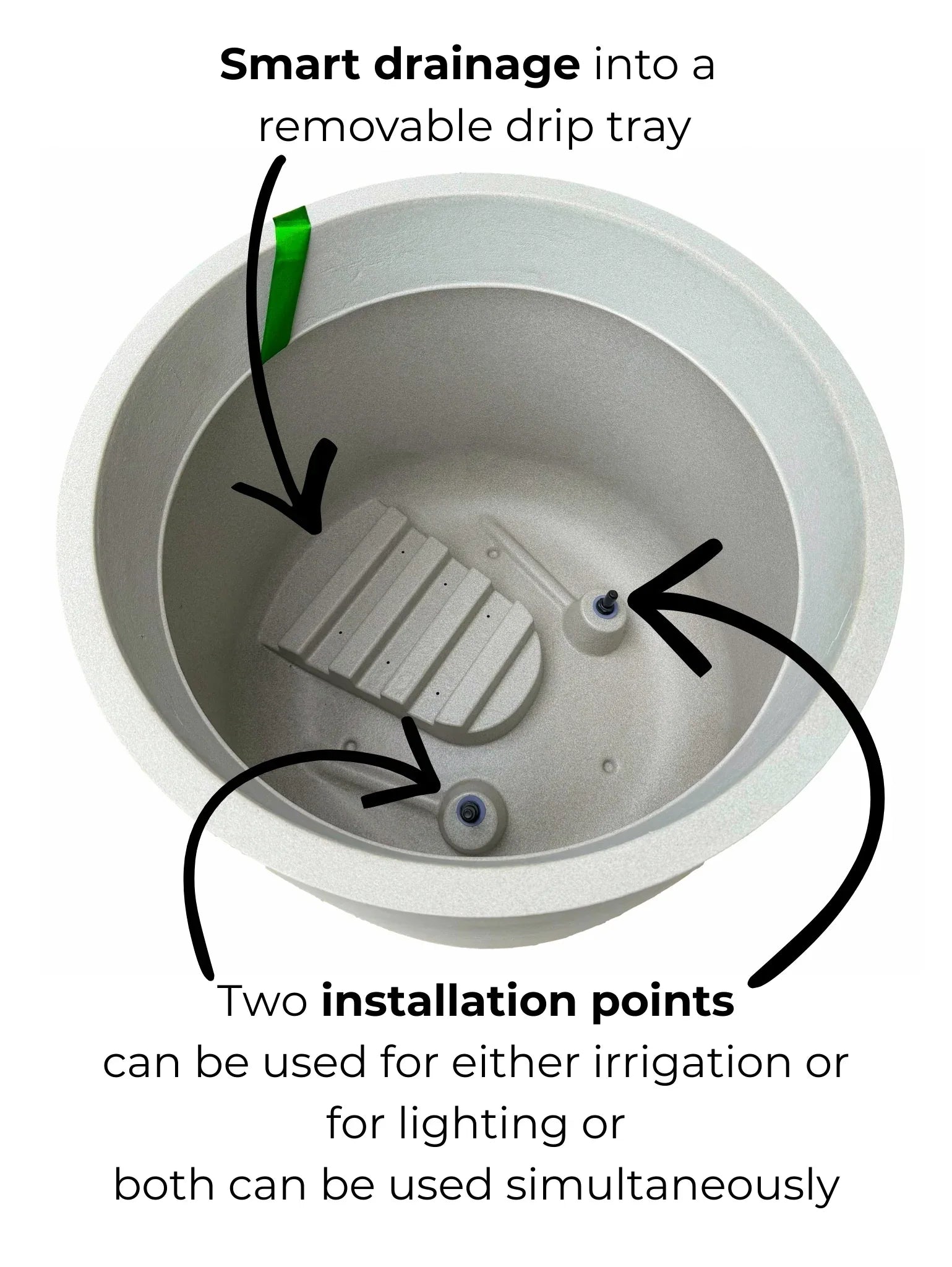 Smart drainage system with a removable drip tray and installation points for irrigation or lighting.