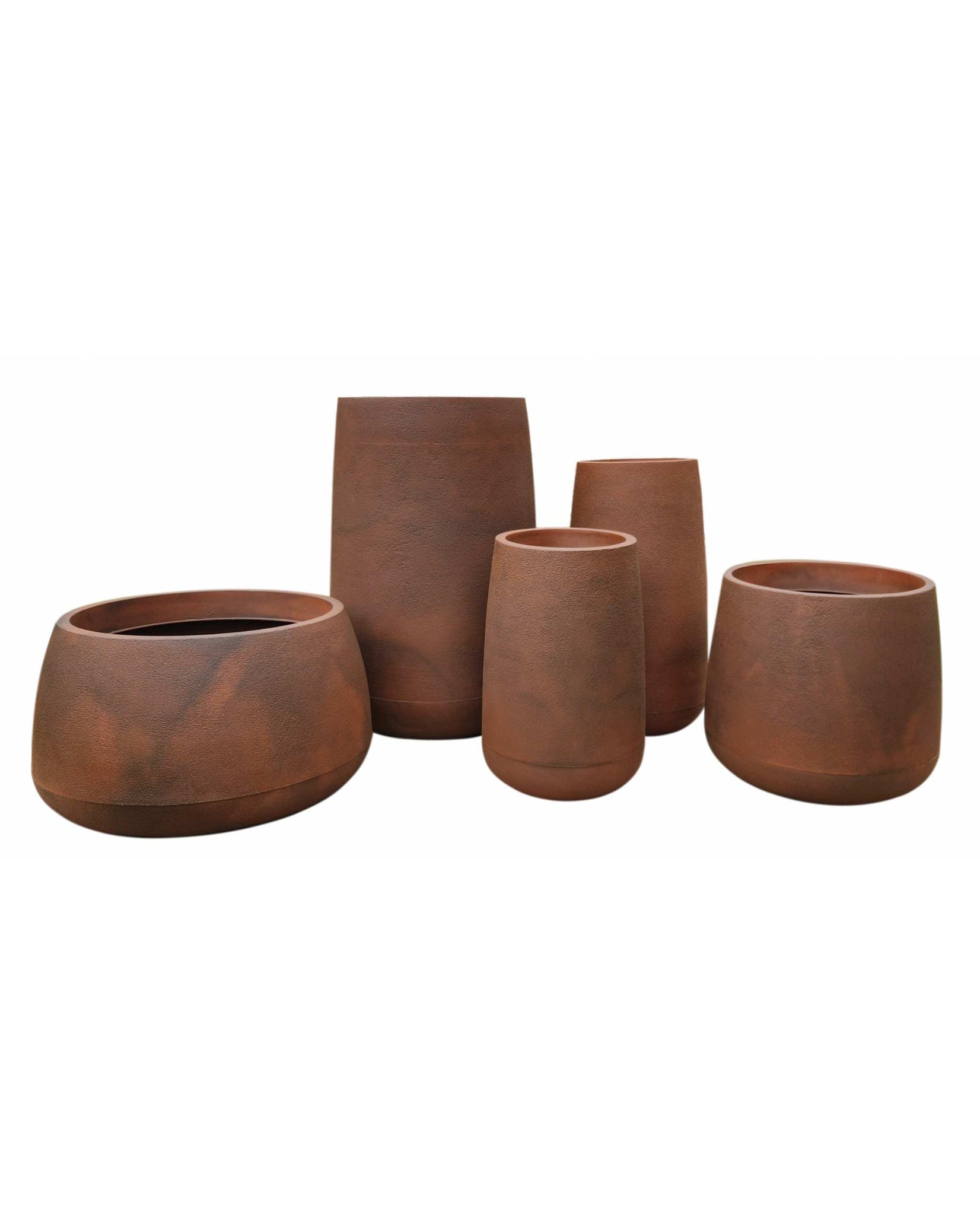 the full range of 5 bios Japi planters in the colour corten steel