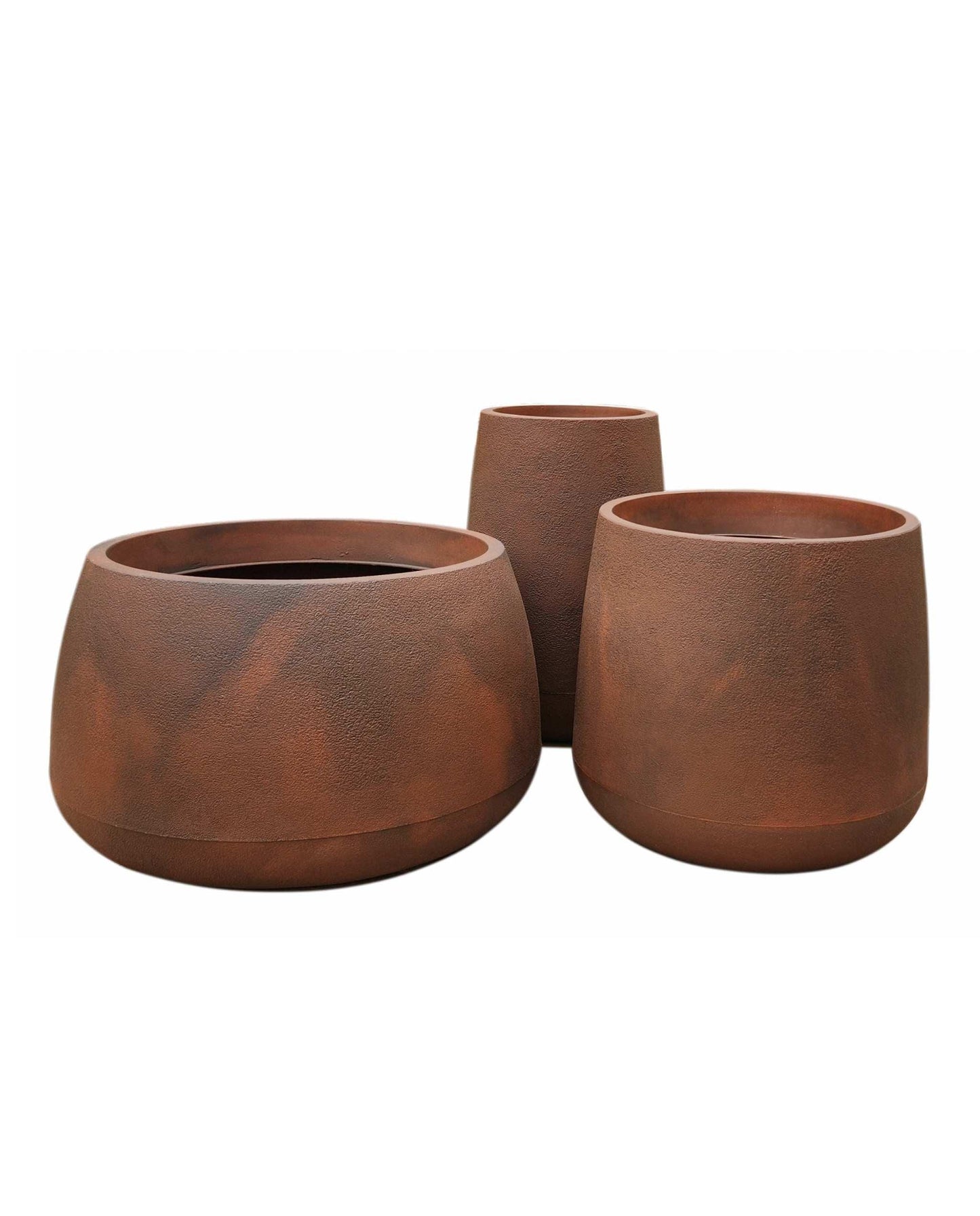 the original set of bios planters, tall small, medium and low in the colour corten steel