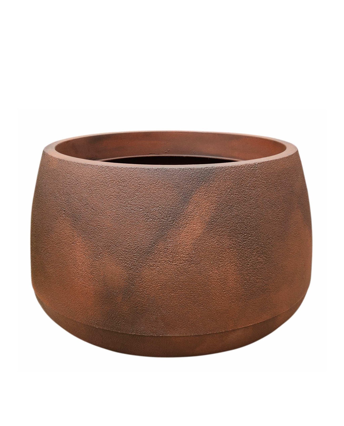 Side view of the Bios Low Japi planter in the colour Corten Steel. Showing the beautiful marbled colour and slight texure of the pot