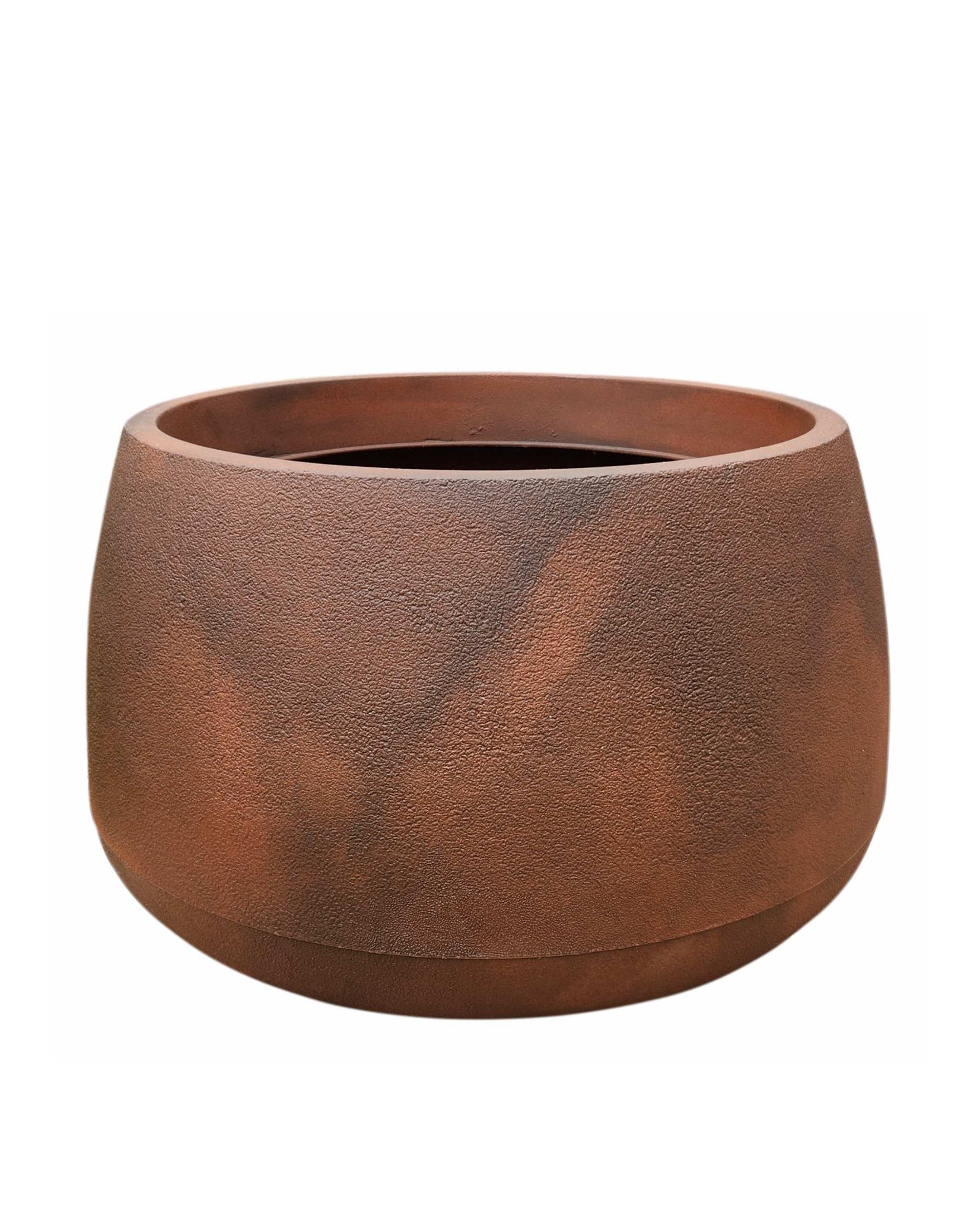Side view of the Bios Low Japi planter in the colour Corten Steel. Showing the beautiful marbled colour and slight texure of the pot