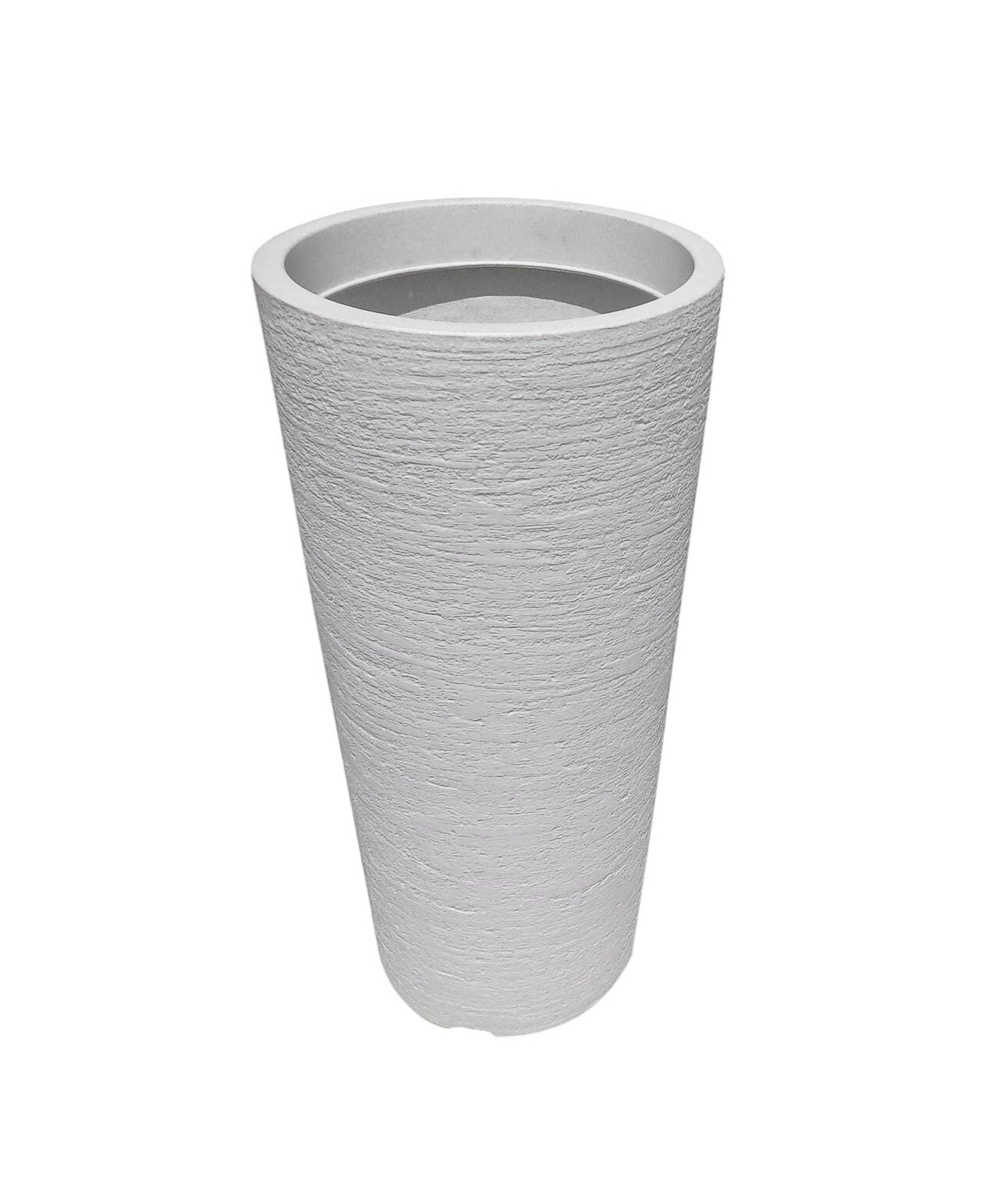European conic planter showing the inner lip on the  inside of the rim of the planter. Medium height, textured finish. Off white colour. Florastyle by Hingham.