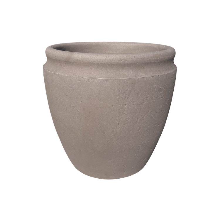 Florastyle By Hingham’s Antique Japi Planter features a plain, round beige design with a flared rim and smooth, matte finish, evoking vintage charm against a white background.