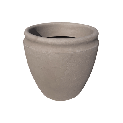 The Antique Japi Planter by Florastyle By Hingham is a large, round beige clay-look planter with a thick rim and smooth, slightly textured surface, shown against a plain white background.