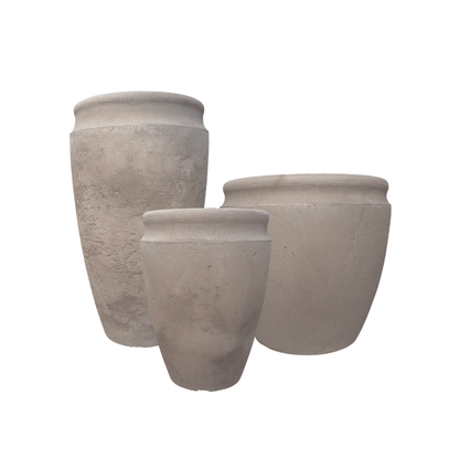 Three large Antique Japi Planters by Florastyle By Hingham, each beige with unique textured clay designs and heights, including an urn-style planter, are arranged together on a plain white background.