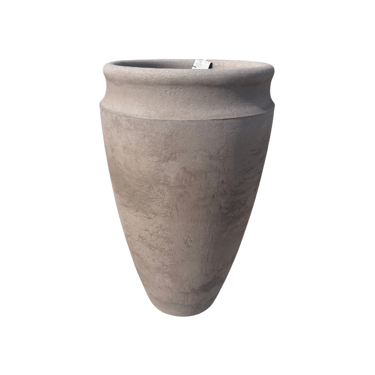 The Antique Japi Planter by Florastyle By Hingham is a tall, oval stone-look planter with a textured gray finish, wide rim, and tapered base. A small tag on the rim adds detail to this decorative urn planter, shown isolated on a white background.