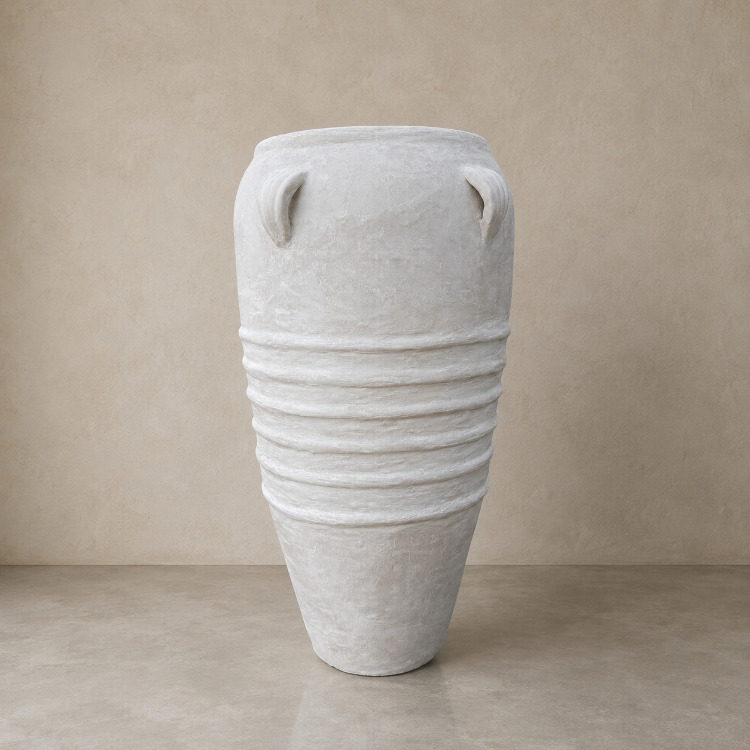 The Athens Organic Fiberglass Pot - Earth Range by Florastyle By Hingham is a tall, white, textured pot with a narrow base, rounded top, and four loop handles near the rim, inspired by ancient Greek pottery and adorned with horizontal ridges.