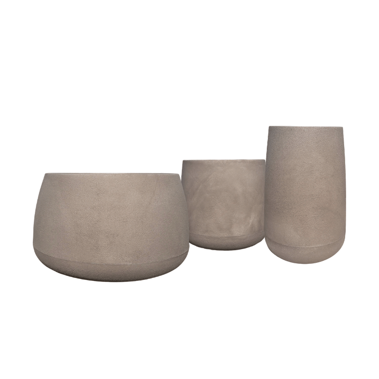The Bios Japi Planters by Florastyle By Hingham are three modern, minimalist, lightweight planters in matte taupe—wide and short, medium round, and tall cylindrical—displayed side by side on a white background.