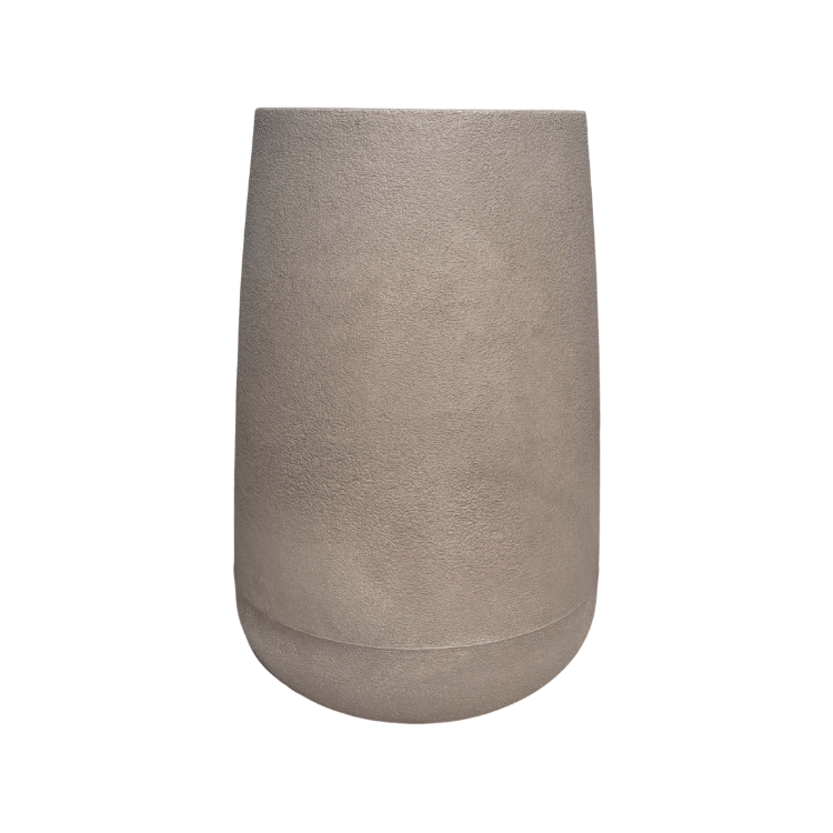 The Bios Japi Planter by Florastyle By Hingham is a large, smooth, light taupe contemporary planter with a slightly rounded bottom and matte textured finish, shown against a white background.