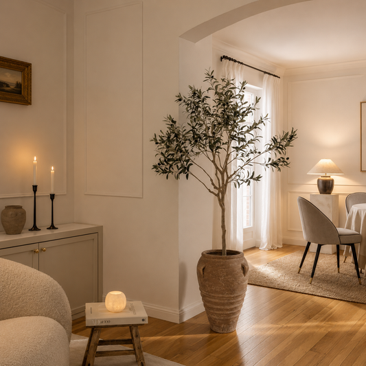 A cozy living room with wooden flooring, a potted tree in the Athens Organic Fiberglass Pot - Earth Range by Florastyle By Hingham, a small table with a glowing candle, neutral-toned furniture, and sheer curtains near the window.