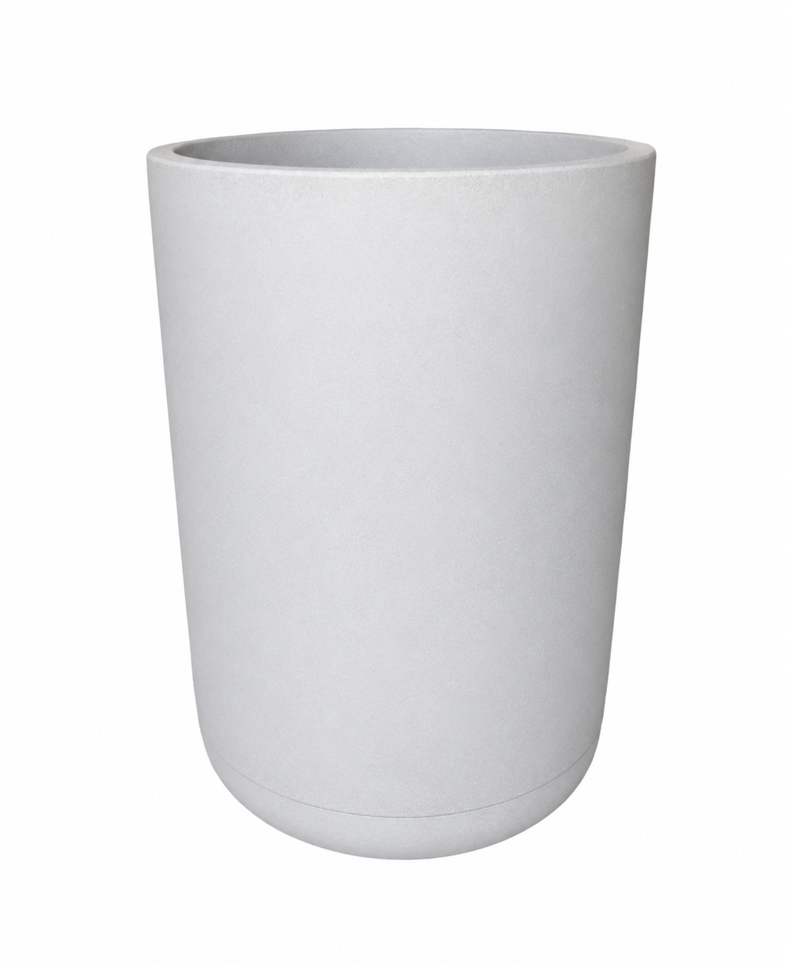 The Florastyle By Hingham Match Cylinder Japi Planter With Saucer features a sleek, light gray cylindrical design with smooth sides and a rounded base—ideal for those seeking modern simplicity.