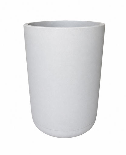 The Florastyle By Hingham Match Cylinder Japi Planter With Saucer features a sleek, light gray cylindrical design with smooth sides and a rounded base—ideal for those seeking modern simplicity.