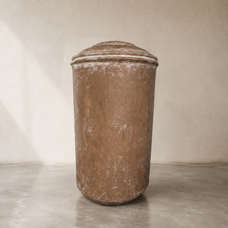 The Damascus Organic Fiberglass Pot - Earth Range by Florastyle By Hingham features a tall, weathered cylindrical design with a fitted lid, making it perfect for modern interiors.