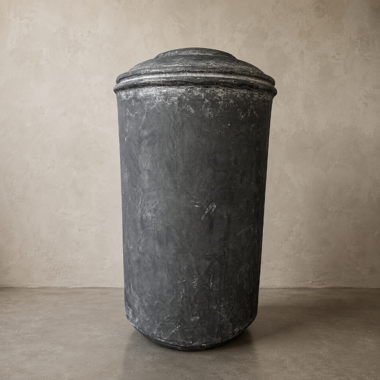 The Damascus Organic Fiberglass Pot - Earth Range by Florastyle By Hingham, a tall cylindrical planter with a rounded lid, stands on a smooth floor against a beige, textured wall.
