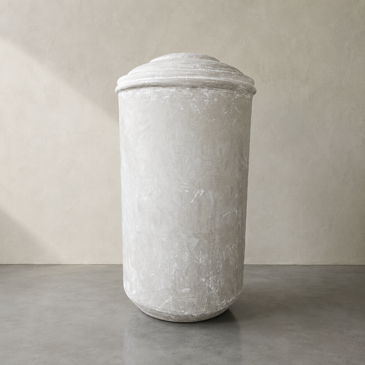 The Damascus Organic Fiberglass Pot - Earth Range by Florastyle By Hingham features a tall, textured stone finish and rounded lid, adding a weathered yet minimalist vibe to any modern interior space.